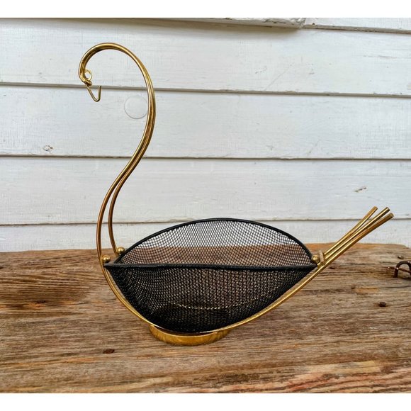 Vintage MCM Black Metal Mesh Swan Shaped  Basket Decor - Picture 6 of 11